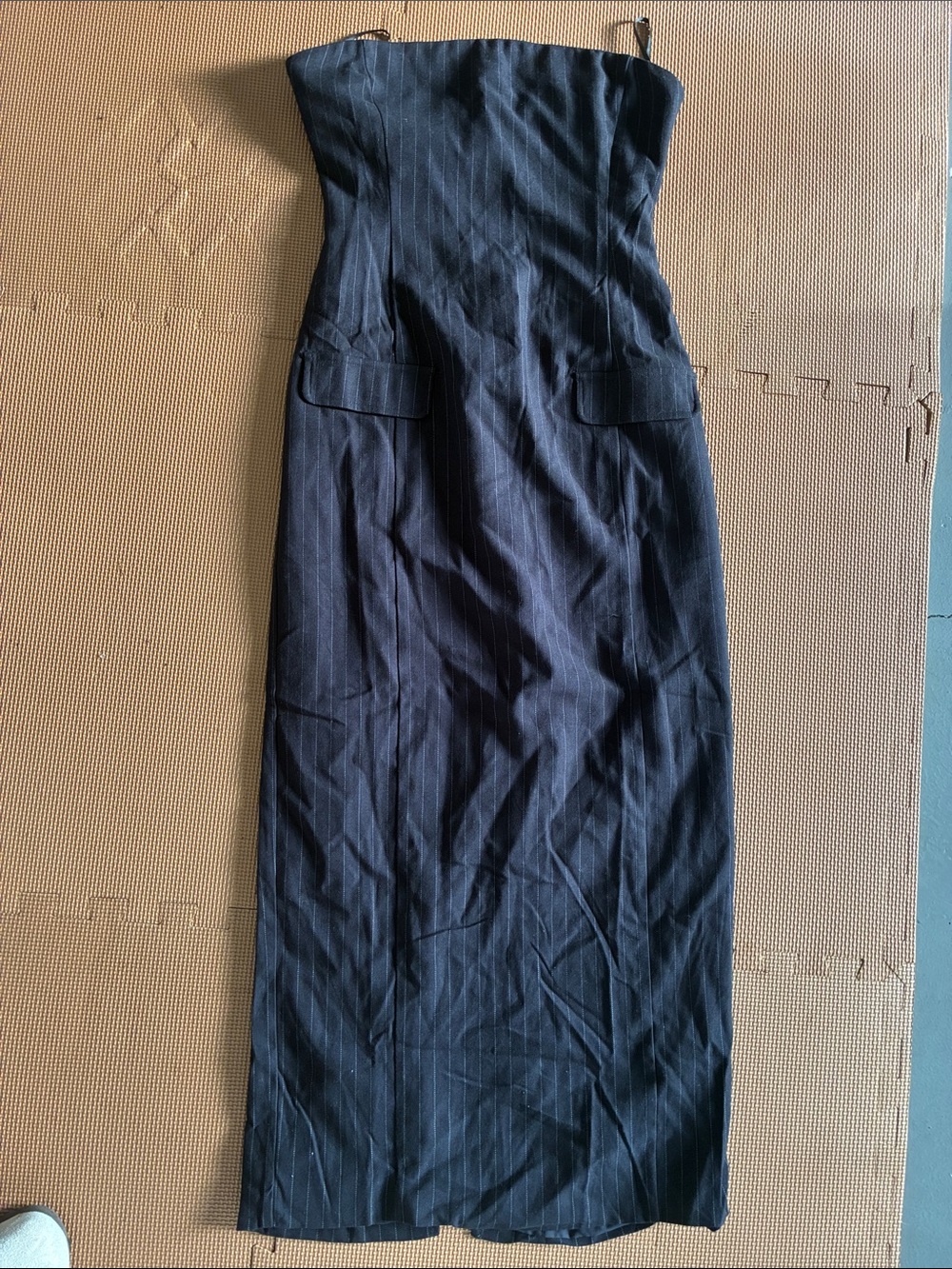 Strapless Navy Pinstripe Maxi Dress